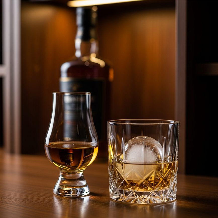To illustrate the proper serving and storage of premium whisky, highlighting the recommended glassware and environment to preserve quality and enhance the tasting experience.