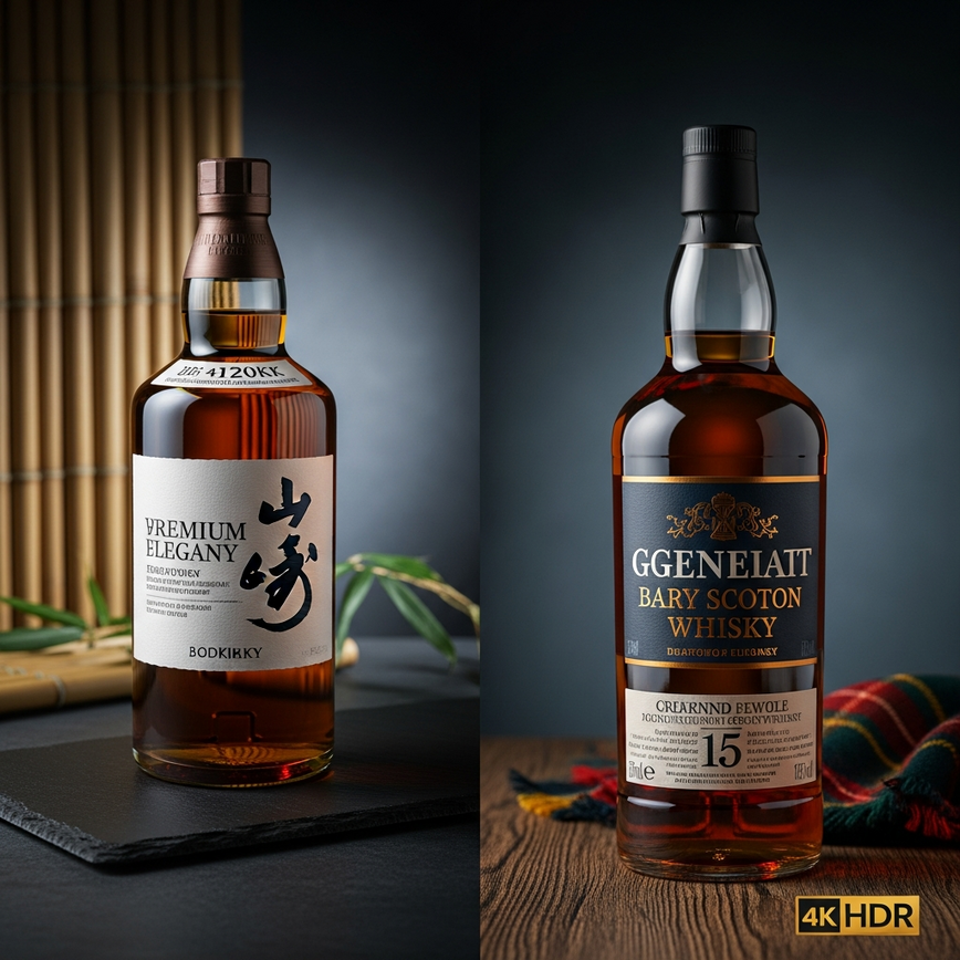 A premium bottle of japanese whisky and a classic bottle of scotch whisky displayed side-by-side to represent a comparison for a malaysian audience.