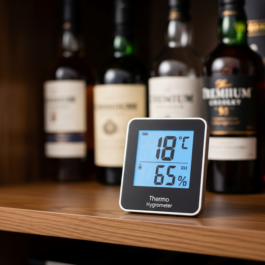 To showcase a key practical solution mentioned in the article: the use of a digital thermo-hygrometer to actively monitor the storage environment for whisky.
