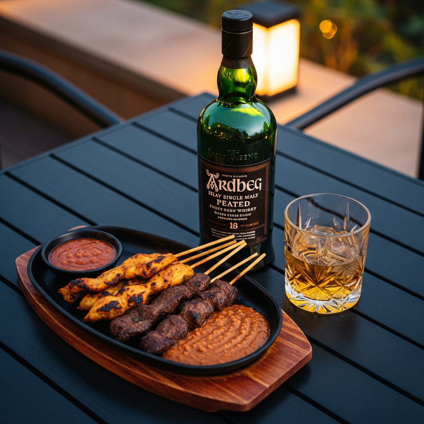 To illustrate the article's key concept of pairing bold peated whisky with bold malaysian bbq food, specifically satay, for the local audience.