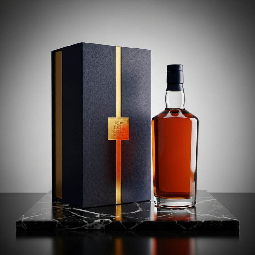 To illustrate the concept of high-value corporate gifting, focusing on the premium packaging and presentation of a single, executive-level bottle.