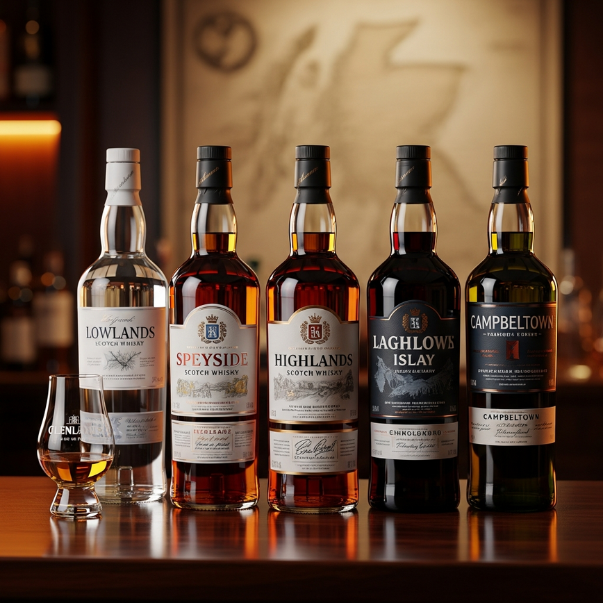 A premium lineup of five distinct scotch whisky bottles representing the regions of scotland, displayed on a dark wood bar for a malaysian whisky guide.