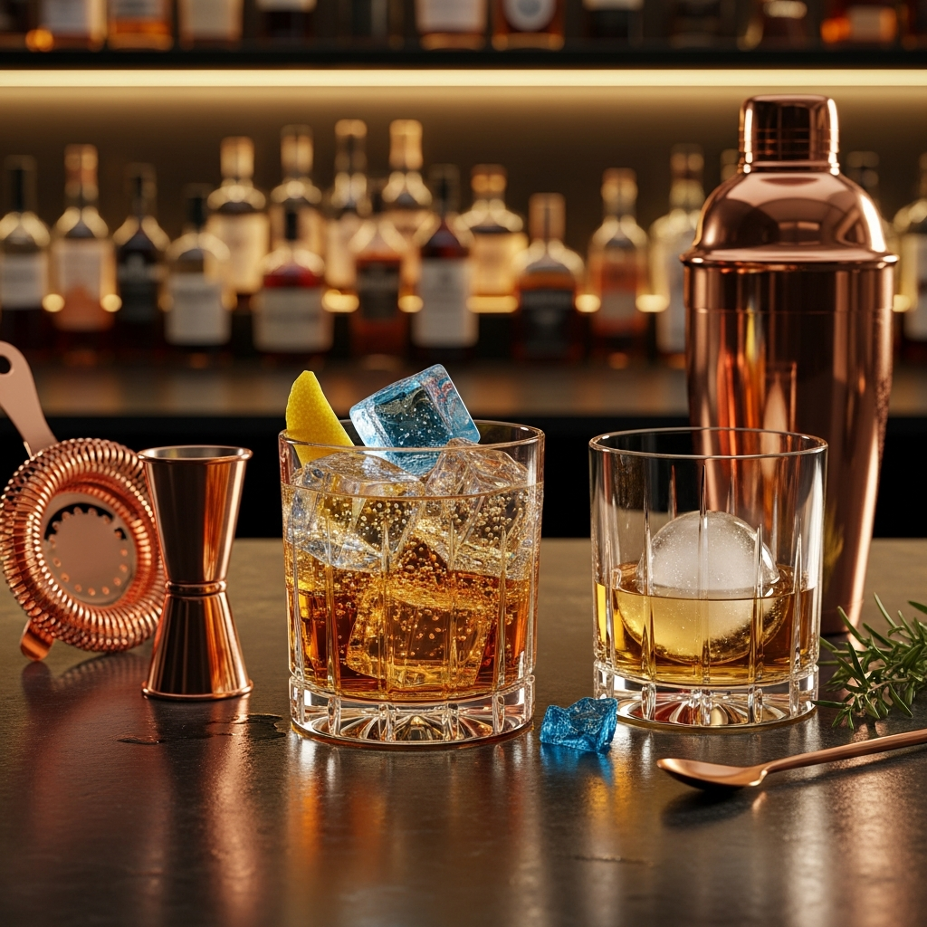 Crystal highball glass with blended scotch whisky, ice and lemon twist garnish on a stylish home bar countertop with cocktail mixing accessories
