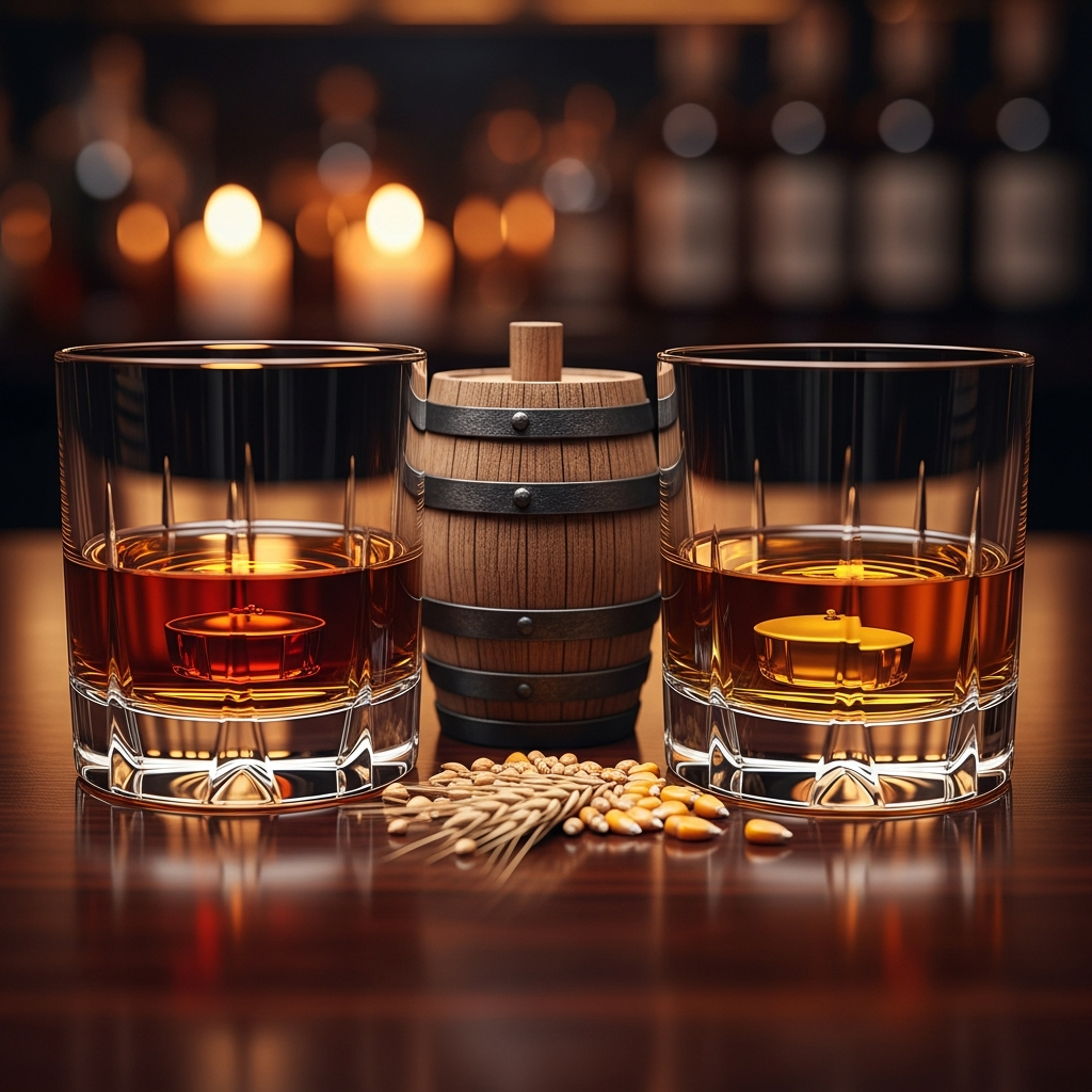 Bourbon and scotch whisky compared side by side with corn and barley