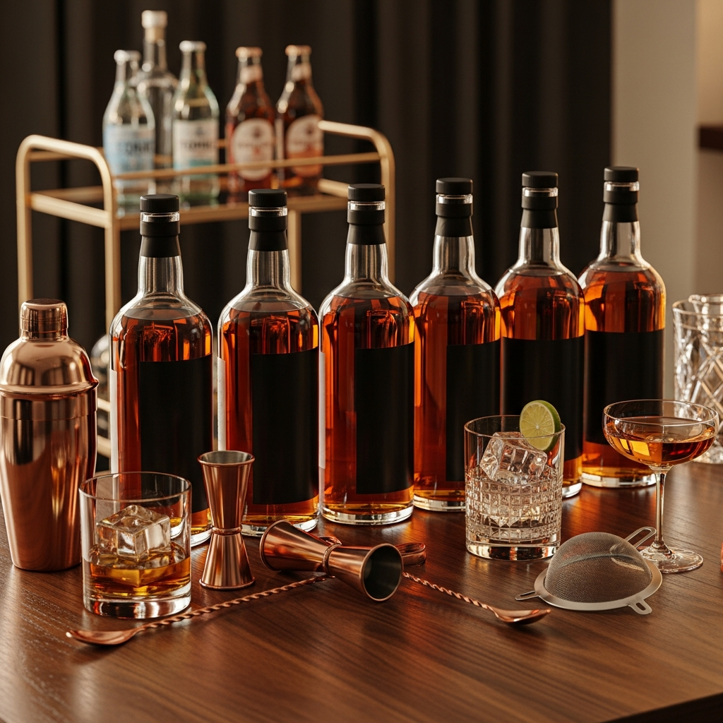 Home bar starter setup with six spirit bottles and bar tools