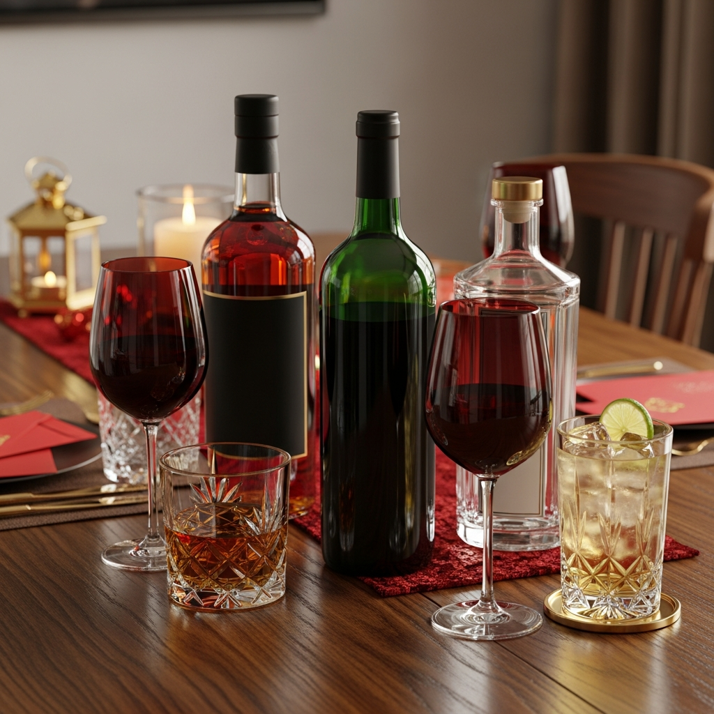 Festive kl home dinner table set with wine and whisky