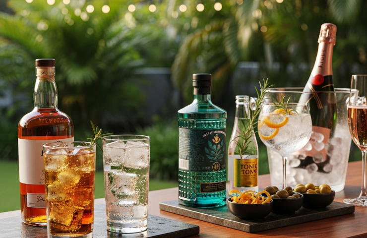 Long-weekend hosting spread: whisky highball and gin tonic stations