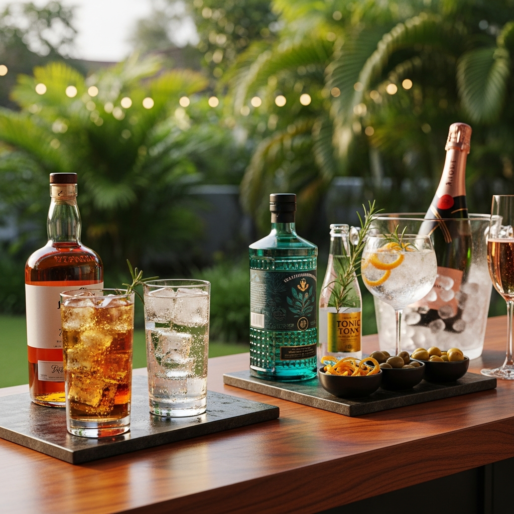 Long-weekend hosting spread: whisky highball and gin tonic stations