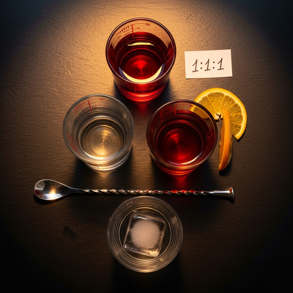 Negroni equal parts 1:1:1 ratio measured in jiggers