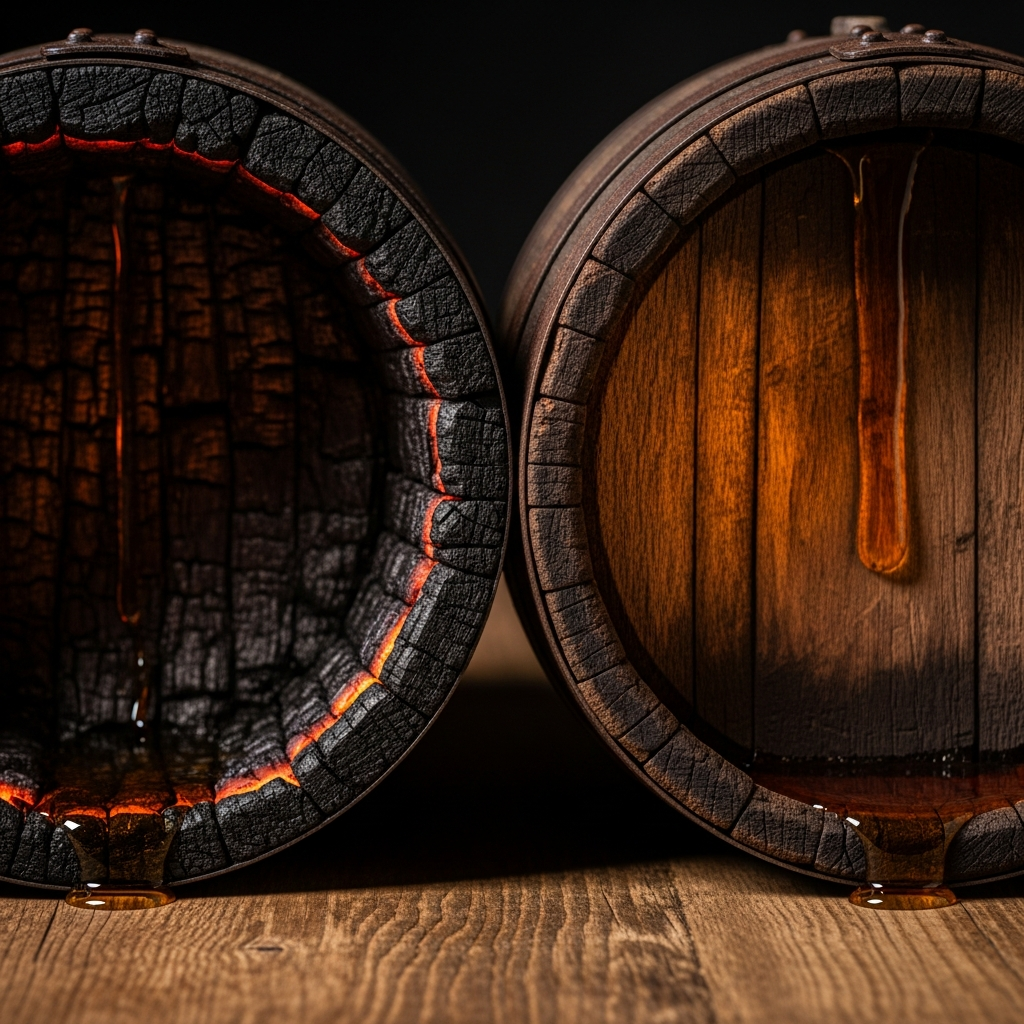 New charred oak bourbon barrel next to a used scotch cask