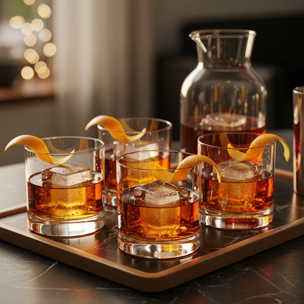 Batched old fashioned served for guests on a tray