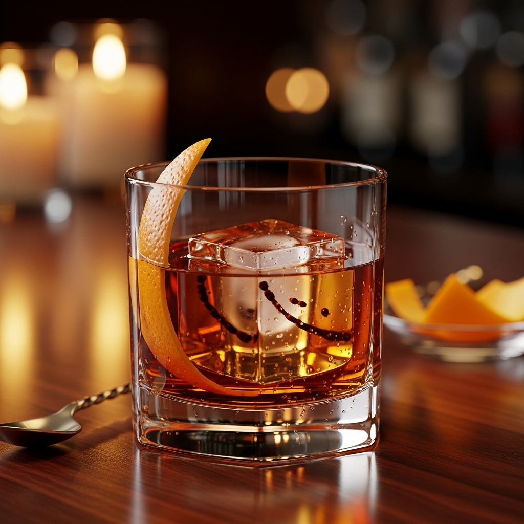 Old fashioned cocktail in a rocks glass with large ice cube and orange peel