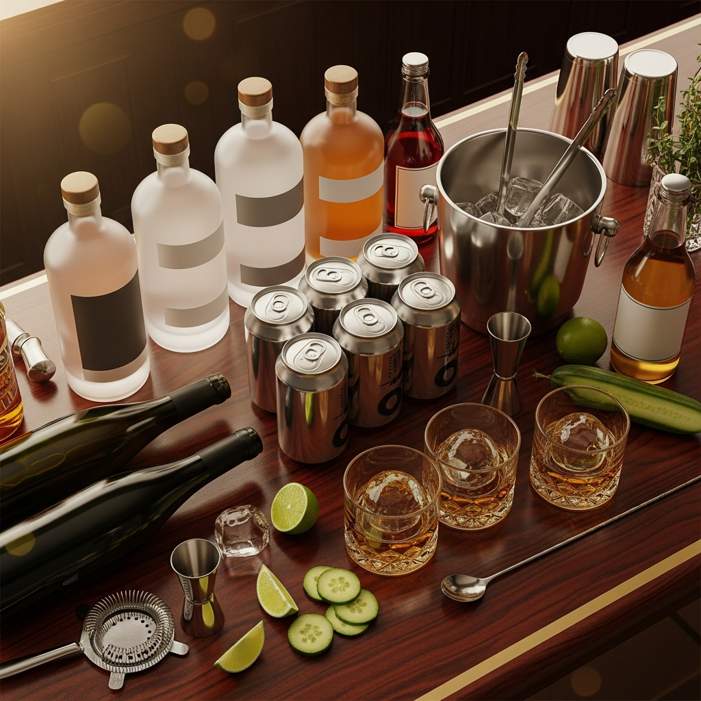 Party drinks planning spread with spirits, beer, wine and ice bucket