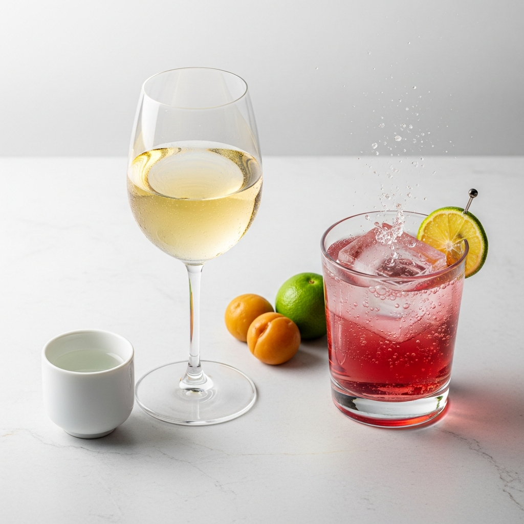 Chilled sake beside an umeshu highball over ice, showing the two japanese drink styles