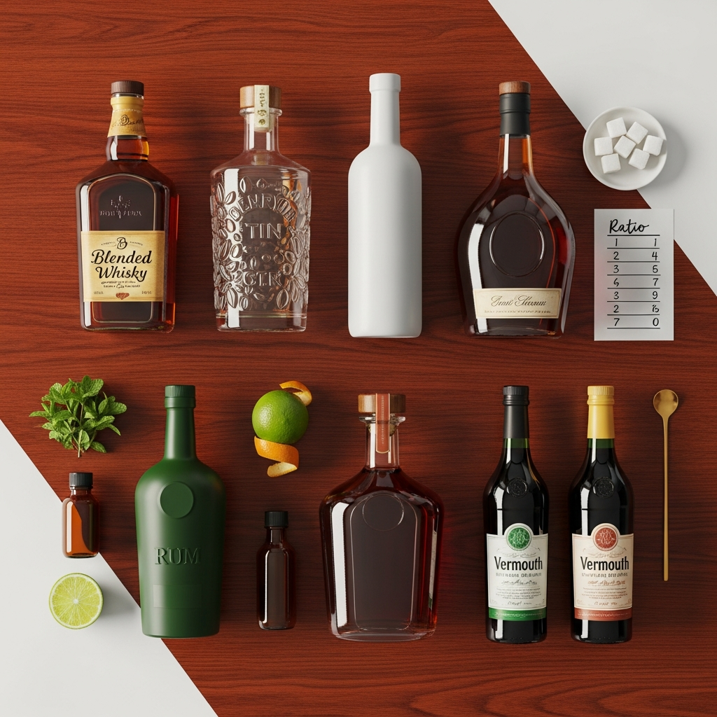 The six-slot home bar system laid out flat: whisky, gin, vodka, rum, cognac and vermouth