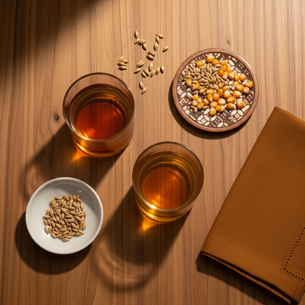 Bourbon and scotch tasting glasses with corn and barley grains