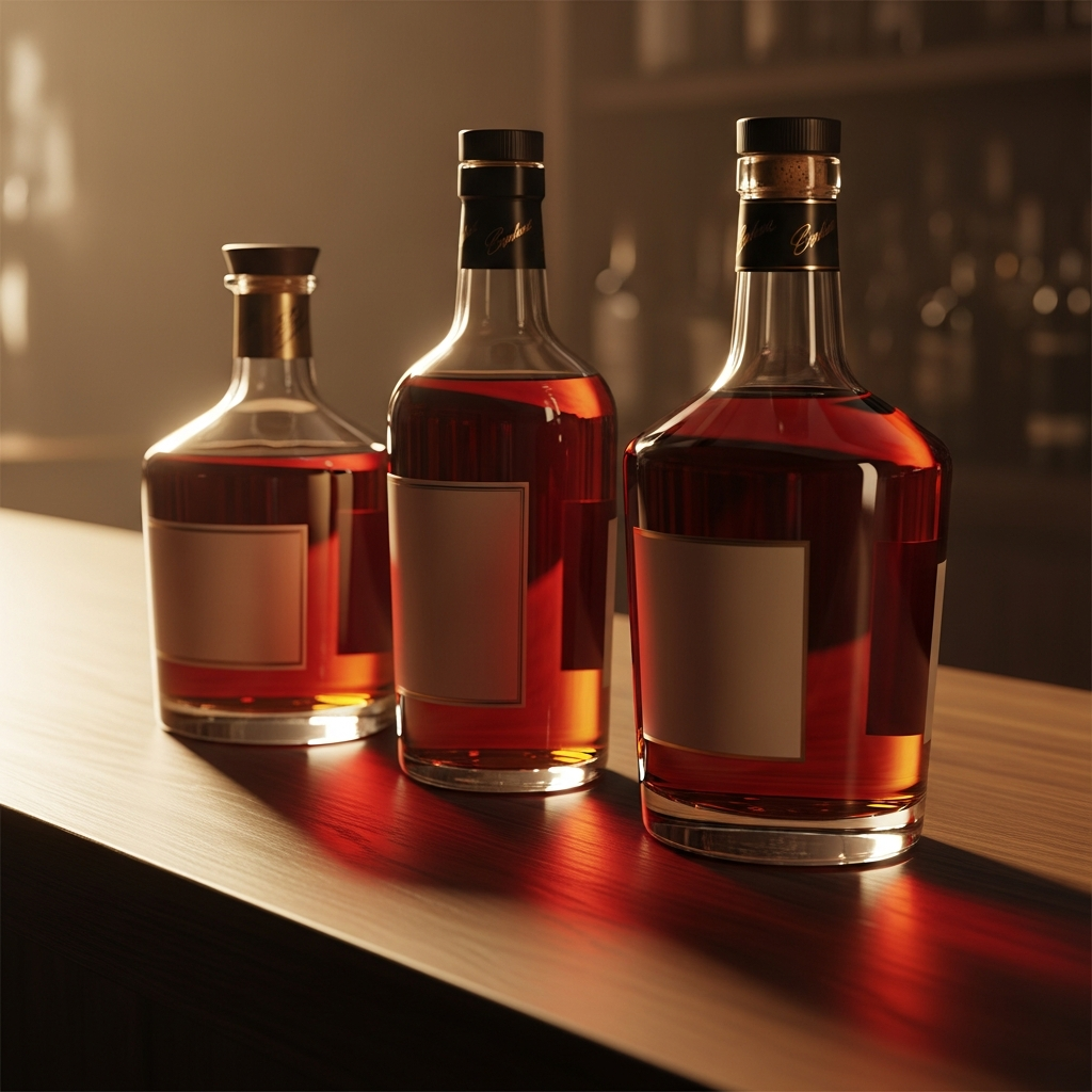 Three cognac bottles representing vs, vsop and xo grades