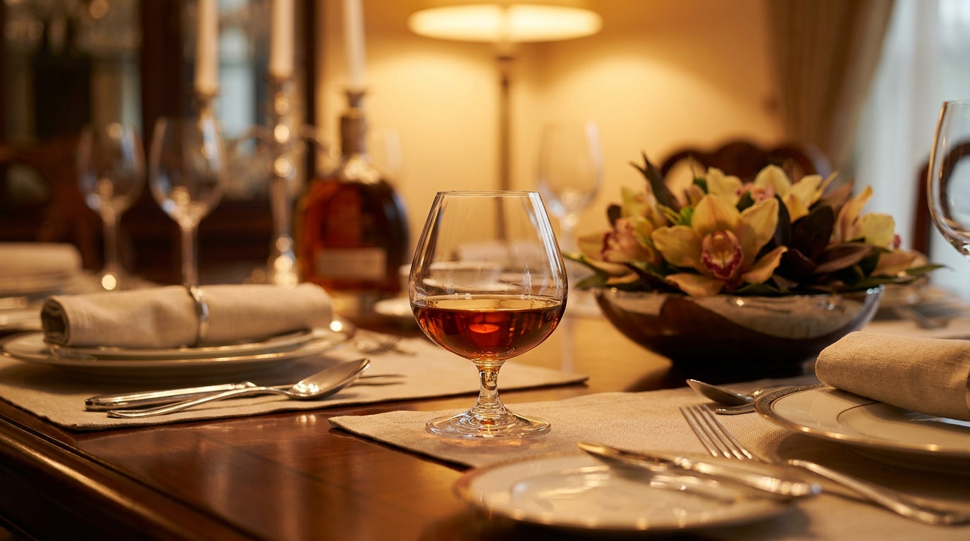 Xo cognac in a snifter at a formal dinner table