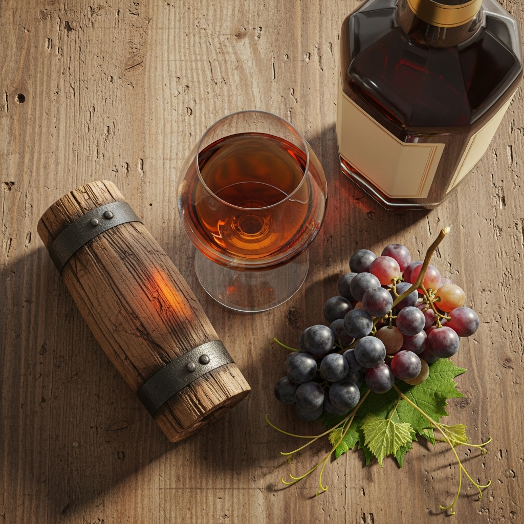 Flat-lay of a cognac glass, oak barrel stave and grapes