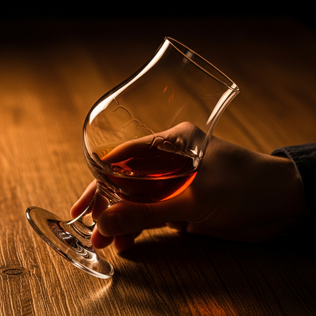 Warming a cognac tulip glass by hand before tasting