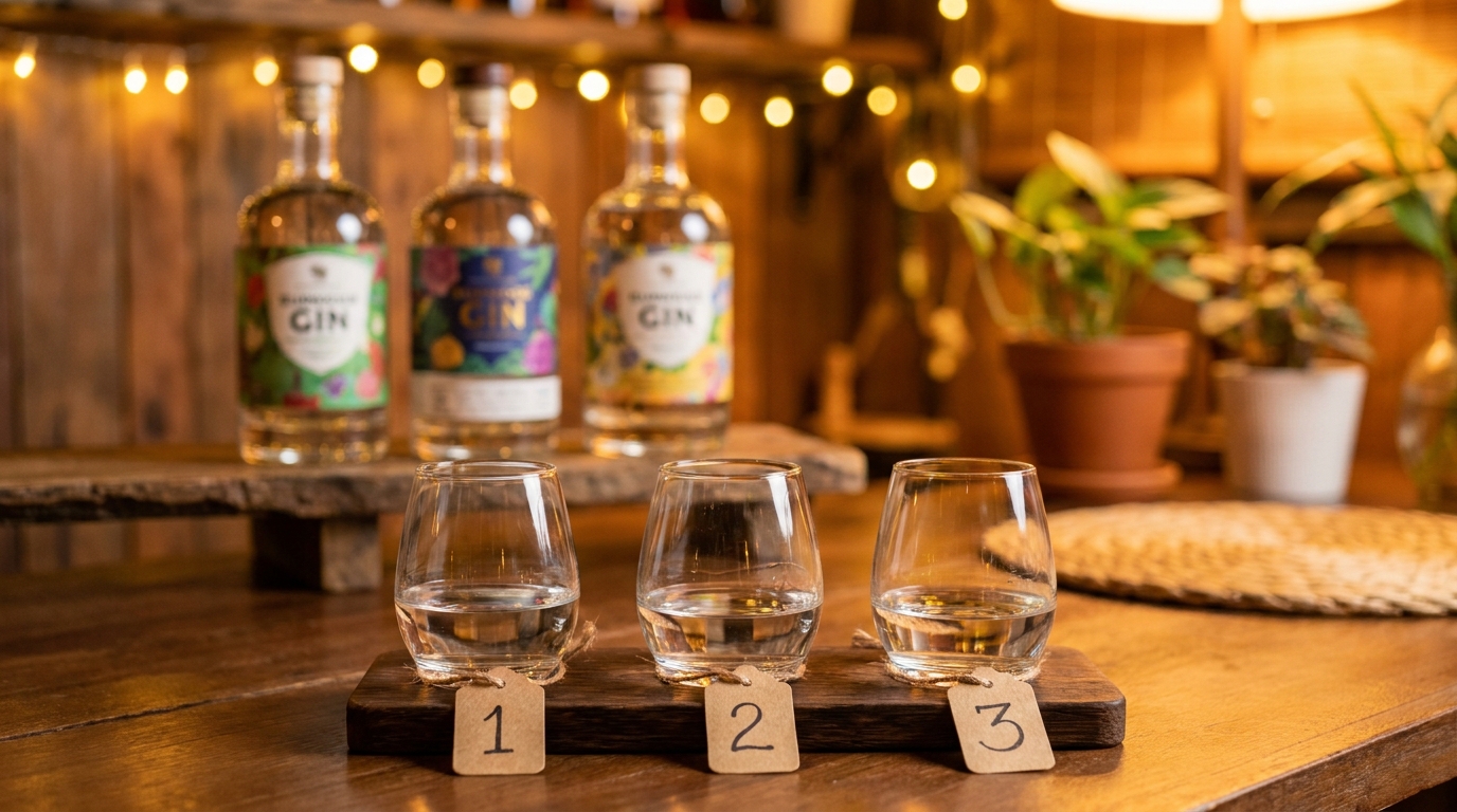 Three unlabeled tasting glasses side by side numbered 1, 2, 3, with the three gin bottles blurred in the background