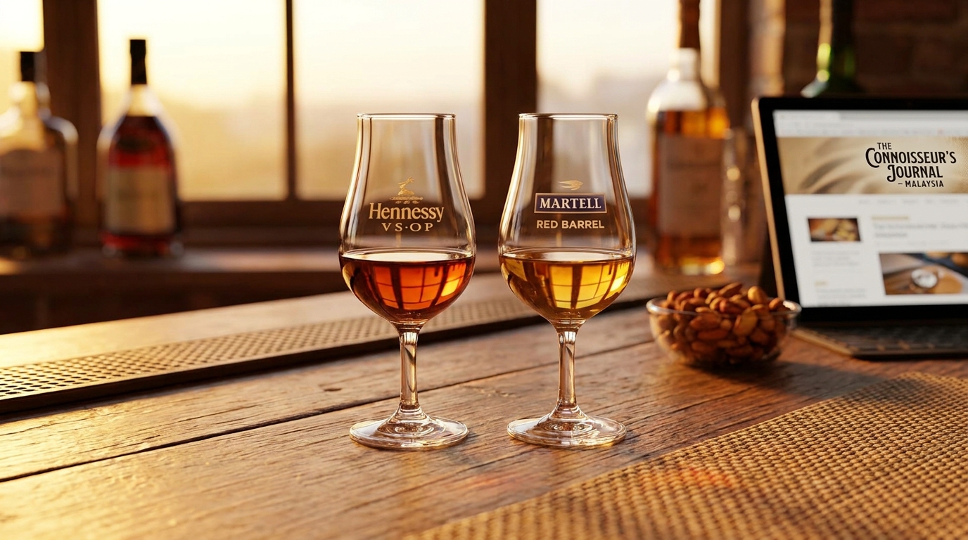 Hennessy vsop and martell red barrel poured side by side in tulip glasses