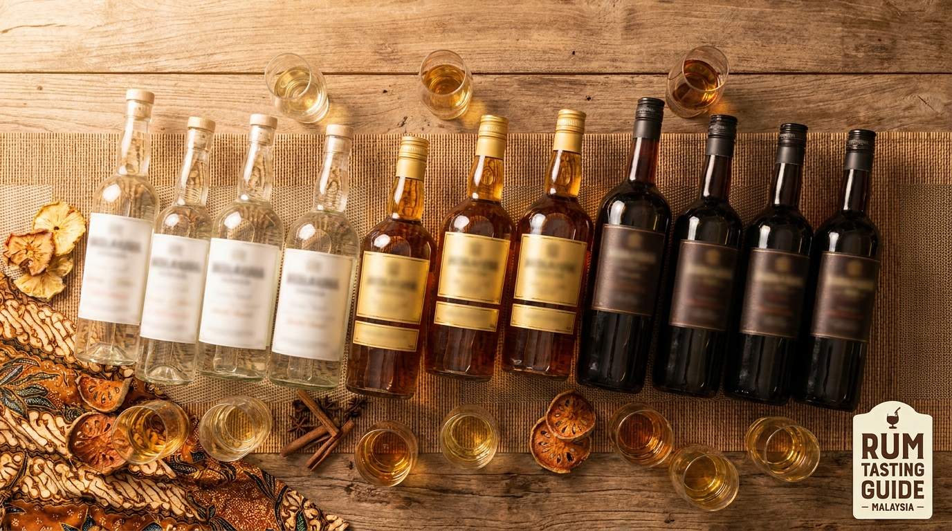 Flat-lay of rum bottles grouped by color, white to dark, with tasting glasses