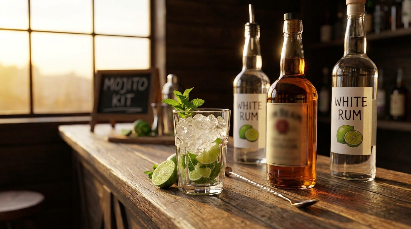 Mojito or daiquiri being built with white rum, mint and lime on a bar counter