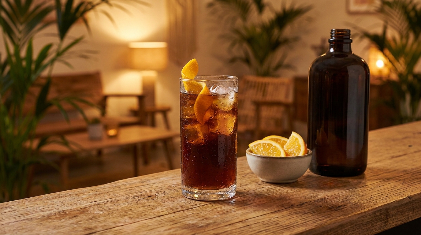 Rum and cola highball with ice and orange peel garnish