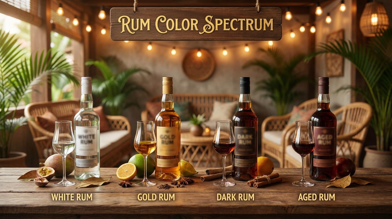 Simple four-column infographic showing white, gold, dark and aged rum color gradient