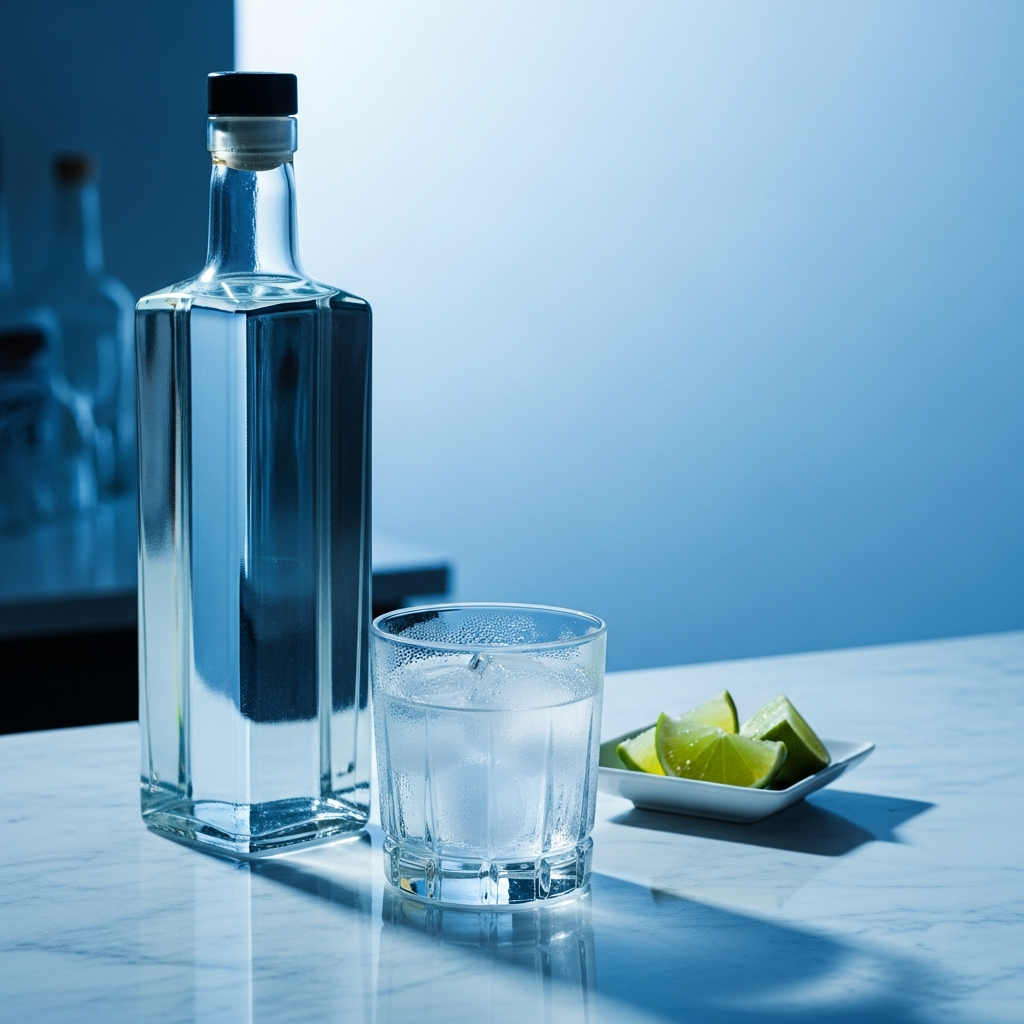 Vodka served with lime on a home bar counter