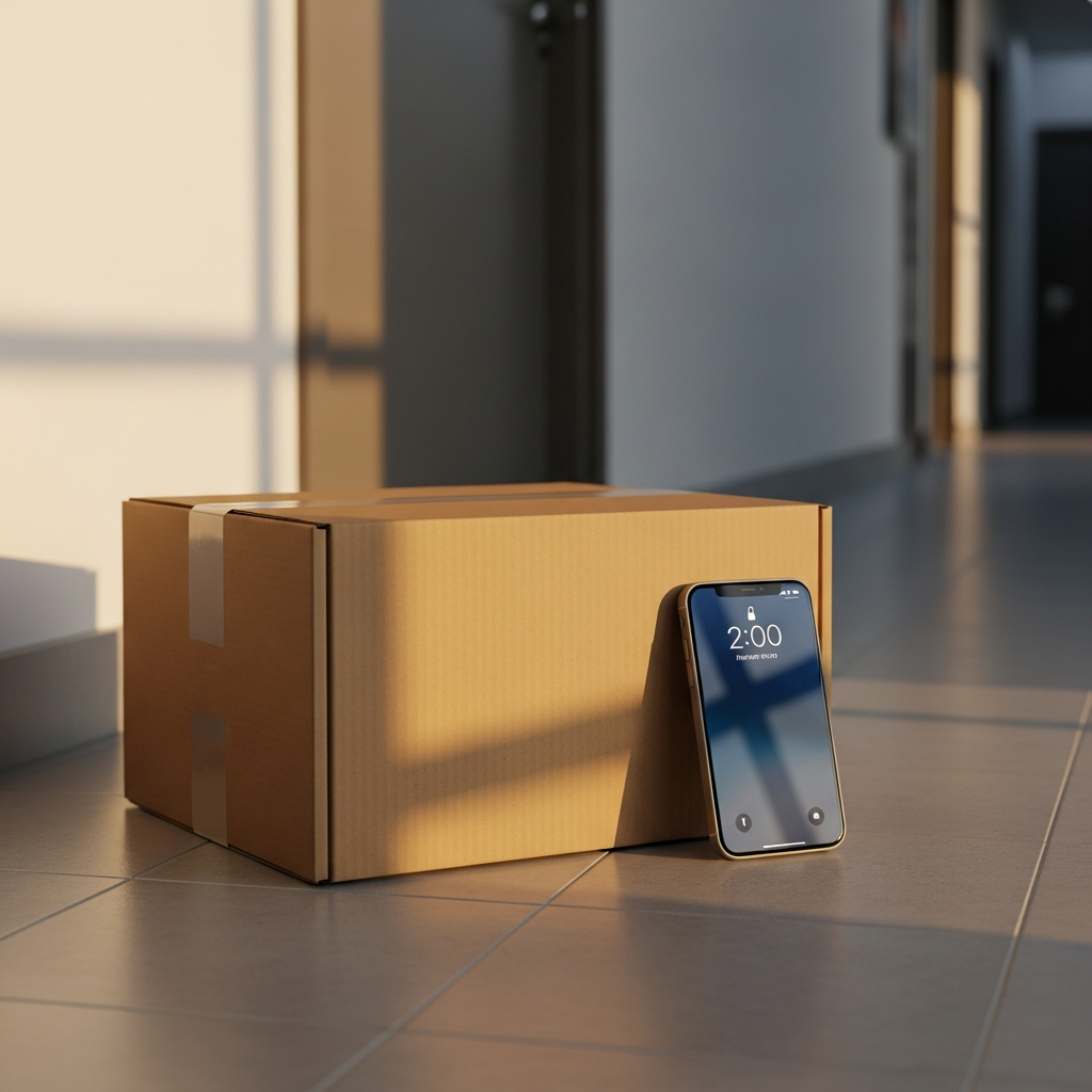 Same-day spirits delivery box with unlabeled amber whisky bottle on a malaysian home doorstep, representing fast klang valley alcohol delivery before guests arrive