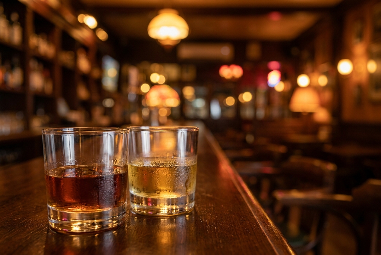 Two glasses of whisky side by side on a dark bar, one richer amber, one lighter gold