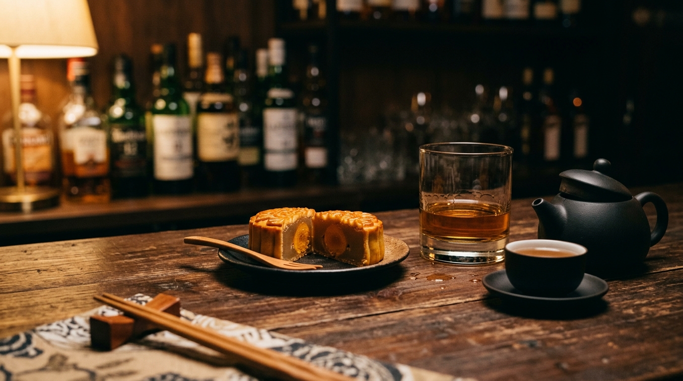Split baked lotus mooncake beside a glass of amber whisky and a small pot of tea on a dark wooden table.