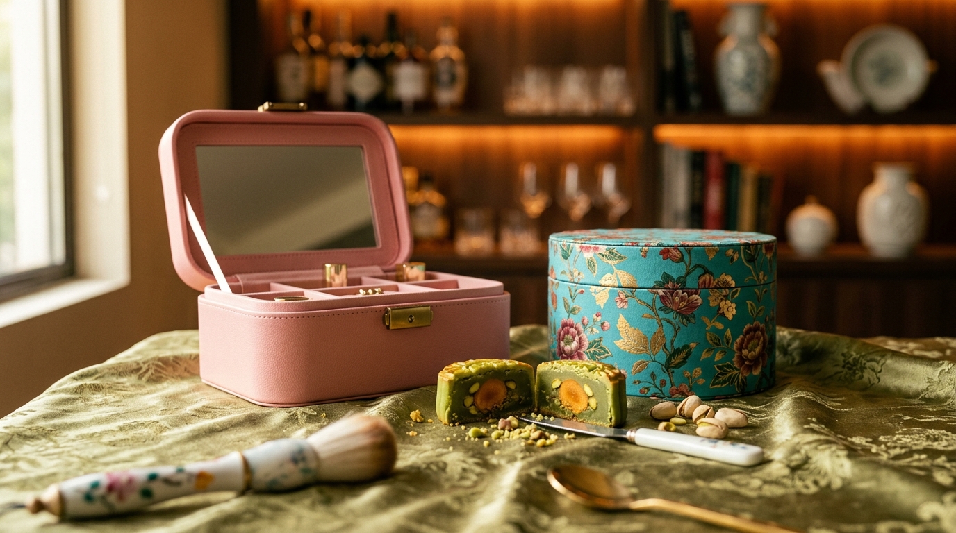 Pink vanity style case and turquoise floral box with a halved green pistachio mooncake on silk cloth.