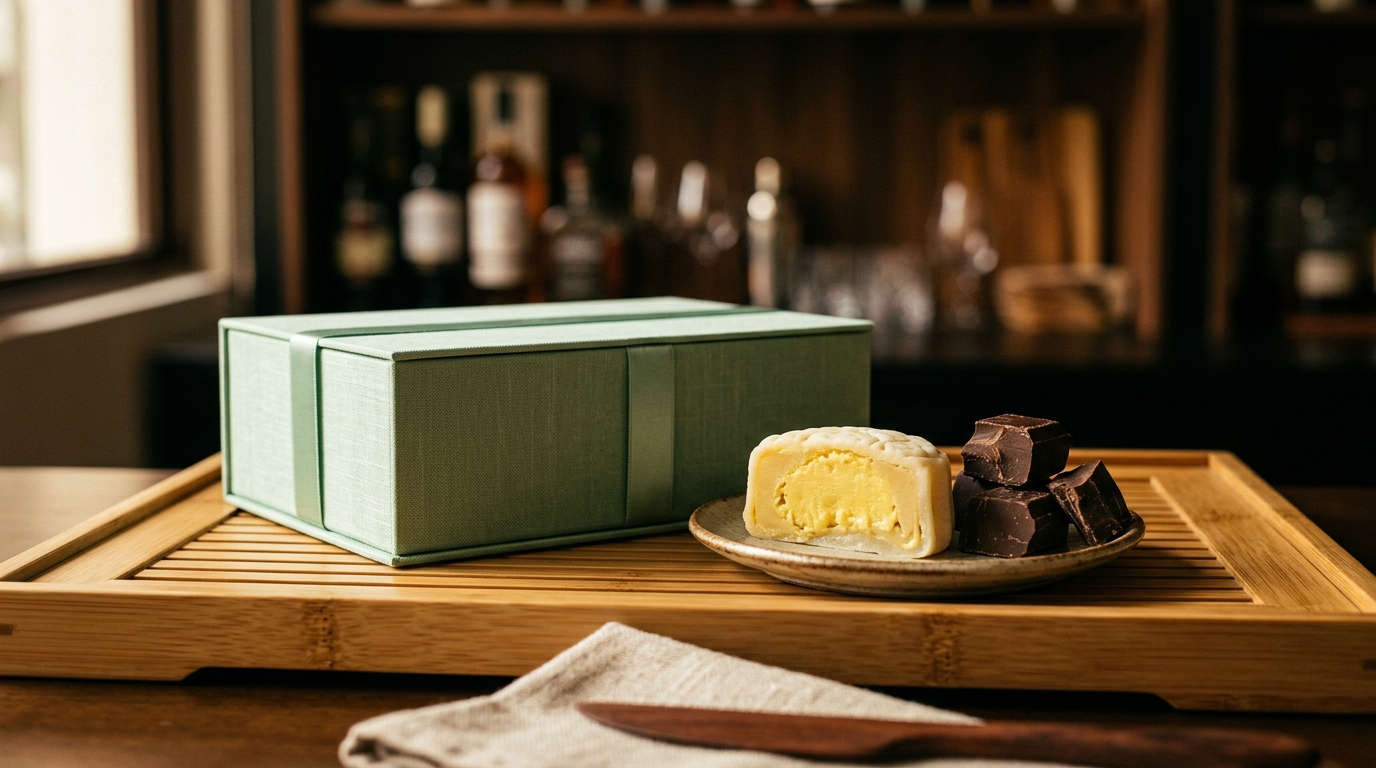 Celadon green gift box beside a halved durian snow skin mooncake and dark chocolate pieces on bamboo.