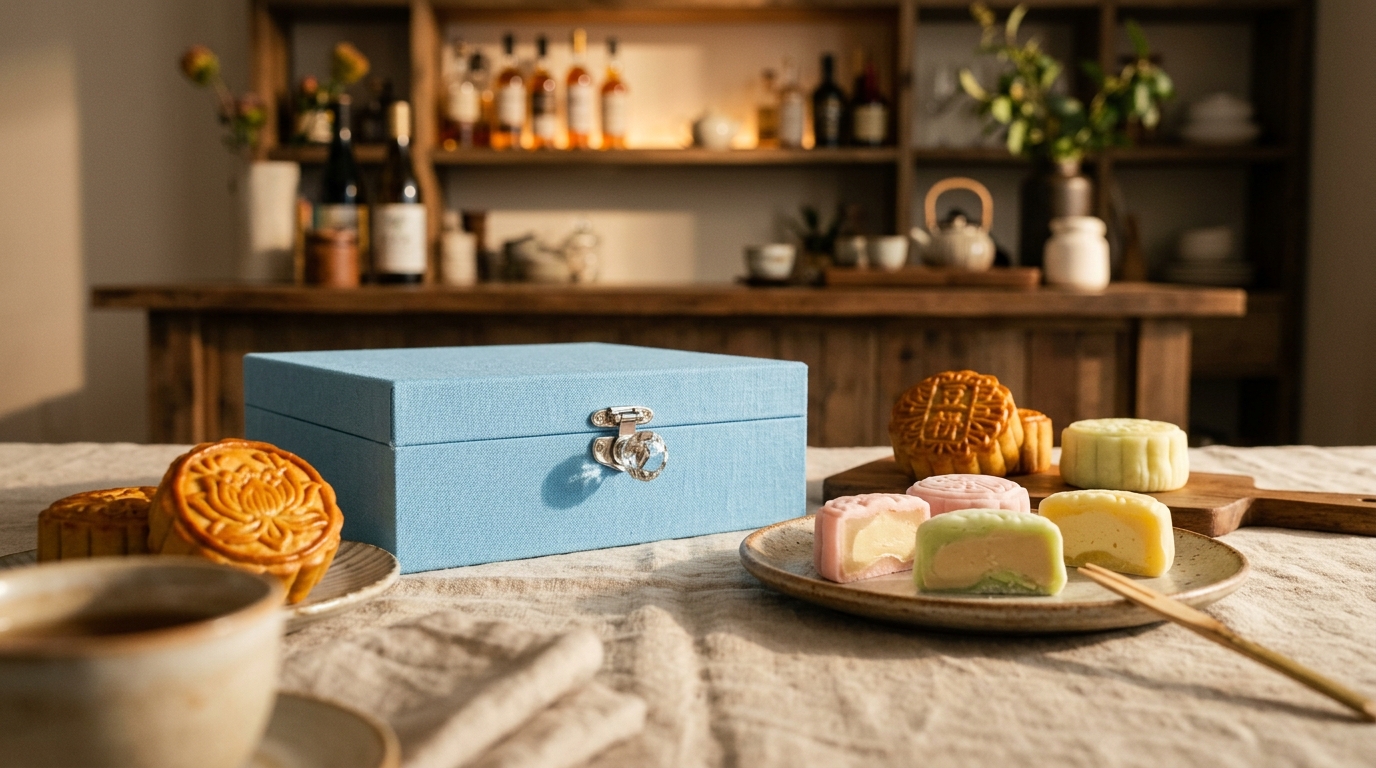 Sky blue keepsake box with crystal style clasp beside low sugar baked mooncakes and pastel snow skin pieces on linen.