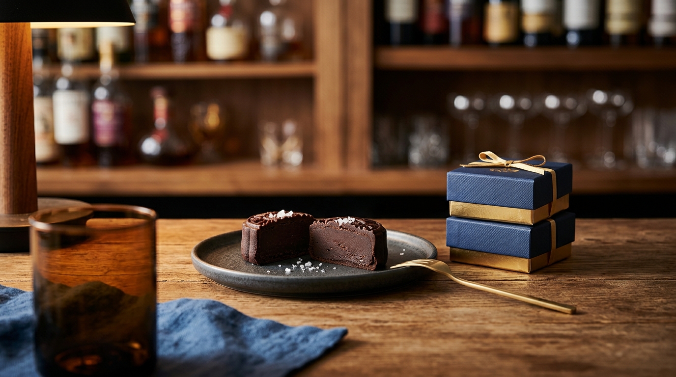 Navy and gold gift boxes with a cocktail fork beside dark chocolate mooncake halves dusted with sea salt flakes.