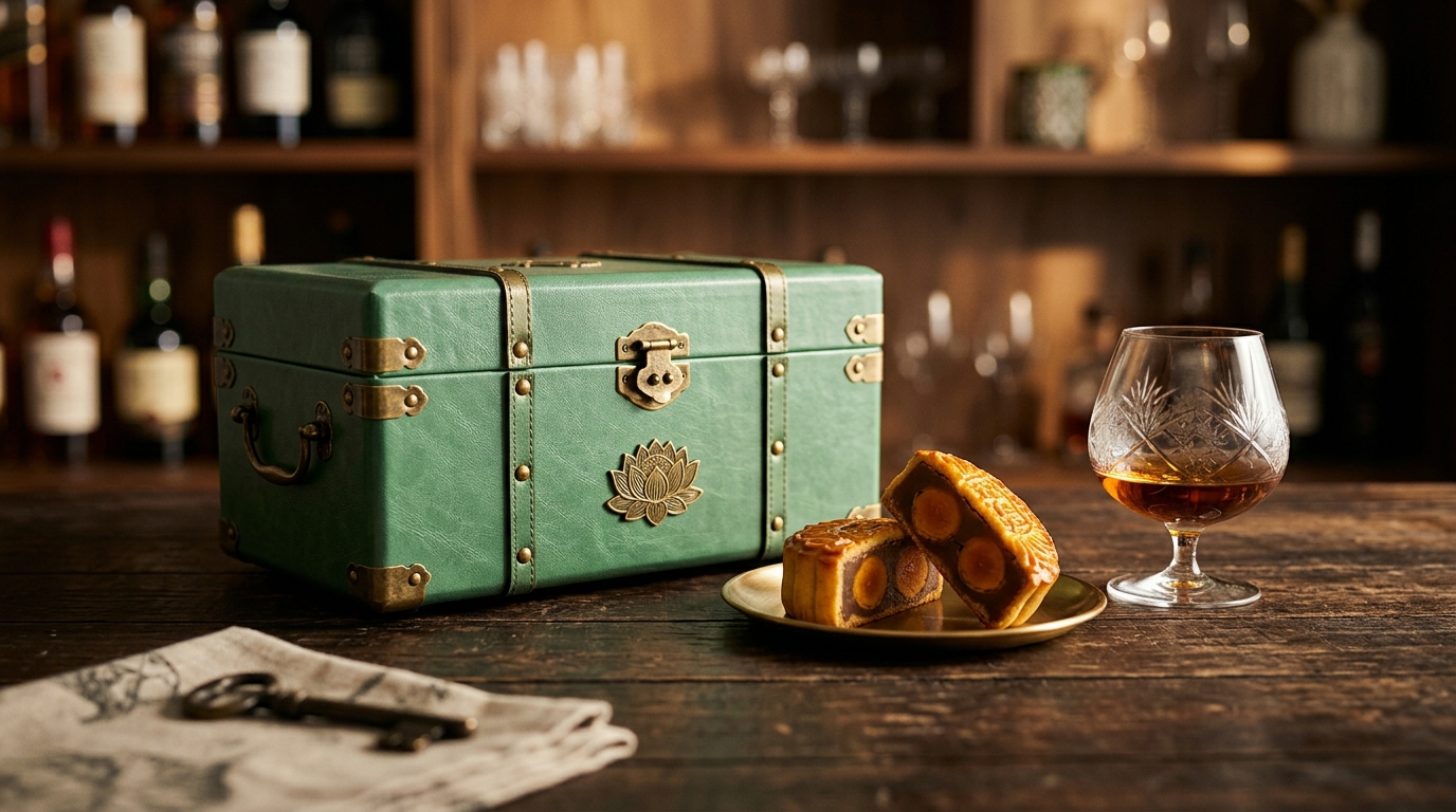 Jade green keepsake trunk with a split lotus seed mooncake and a glass of cognac on dark wood.