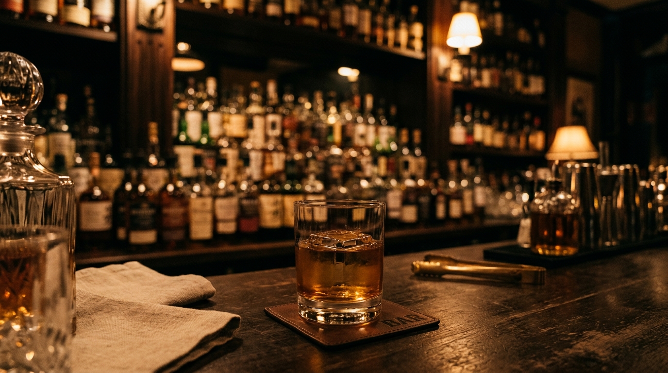 Dim whisky bar counter lined with amber bottles under warm lamp light