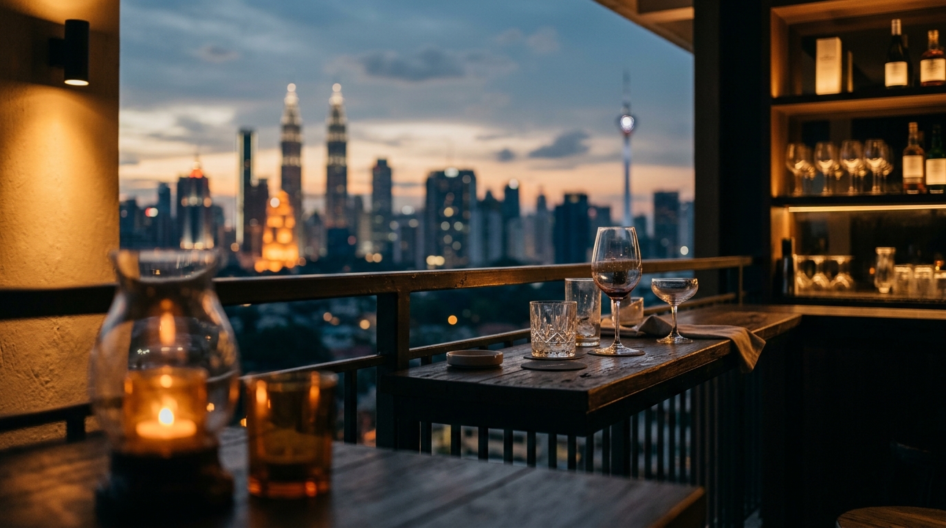 Rooftop bar railing overlooking the johor bahru skyline at dusk