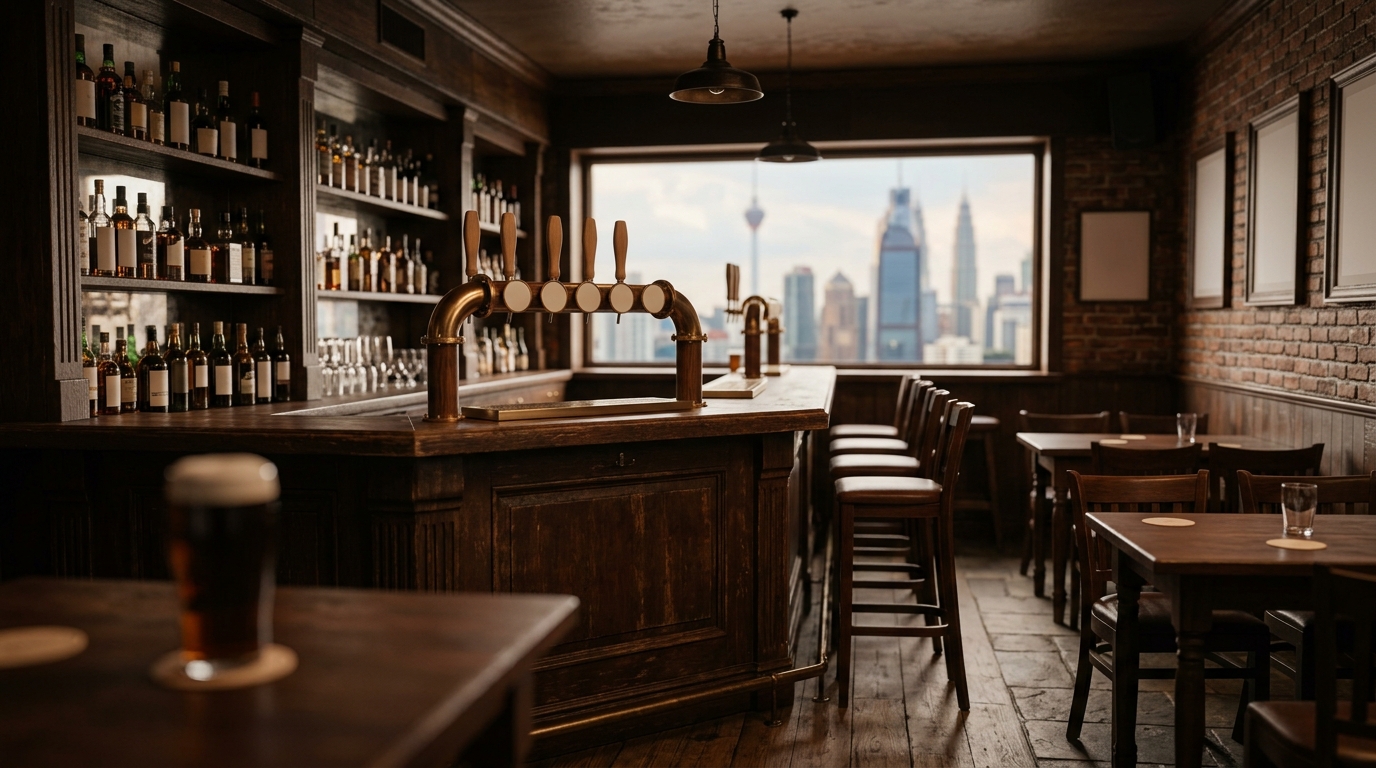 Irish-style pub interior with wooden tables and a beer tap counter