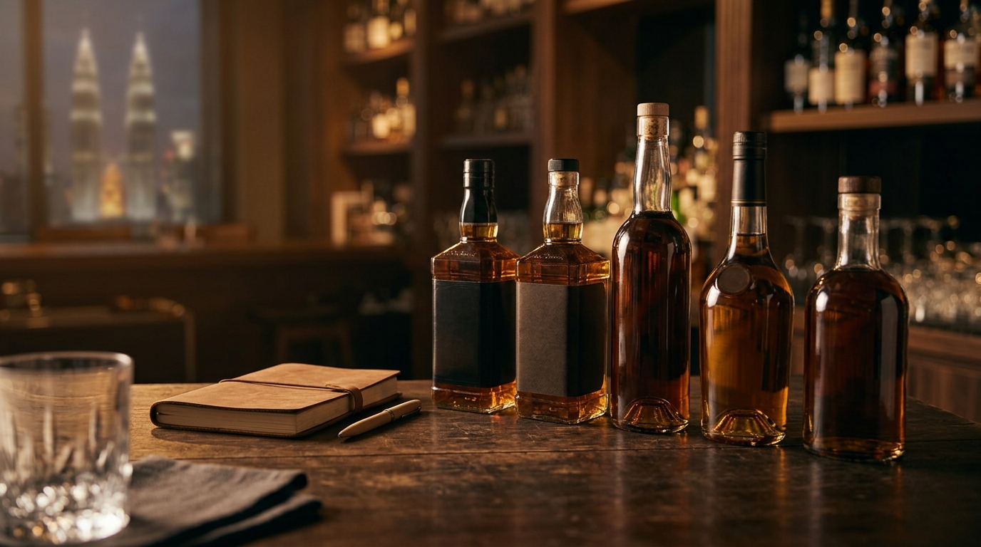 Notebook and six whisky and cognac bottles lined up for tasting notes