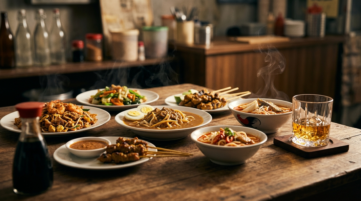 Jb hawker dish spread paired with a whisky glass and rising steam