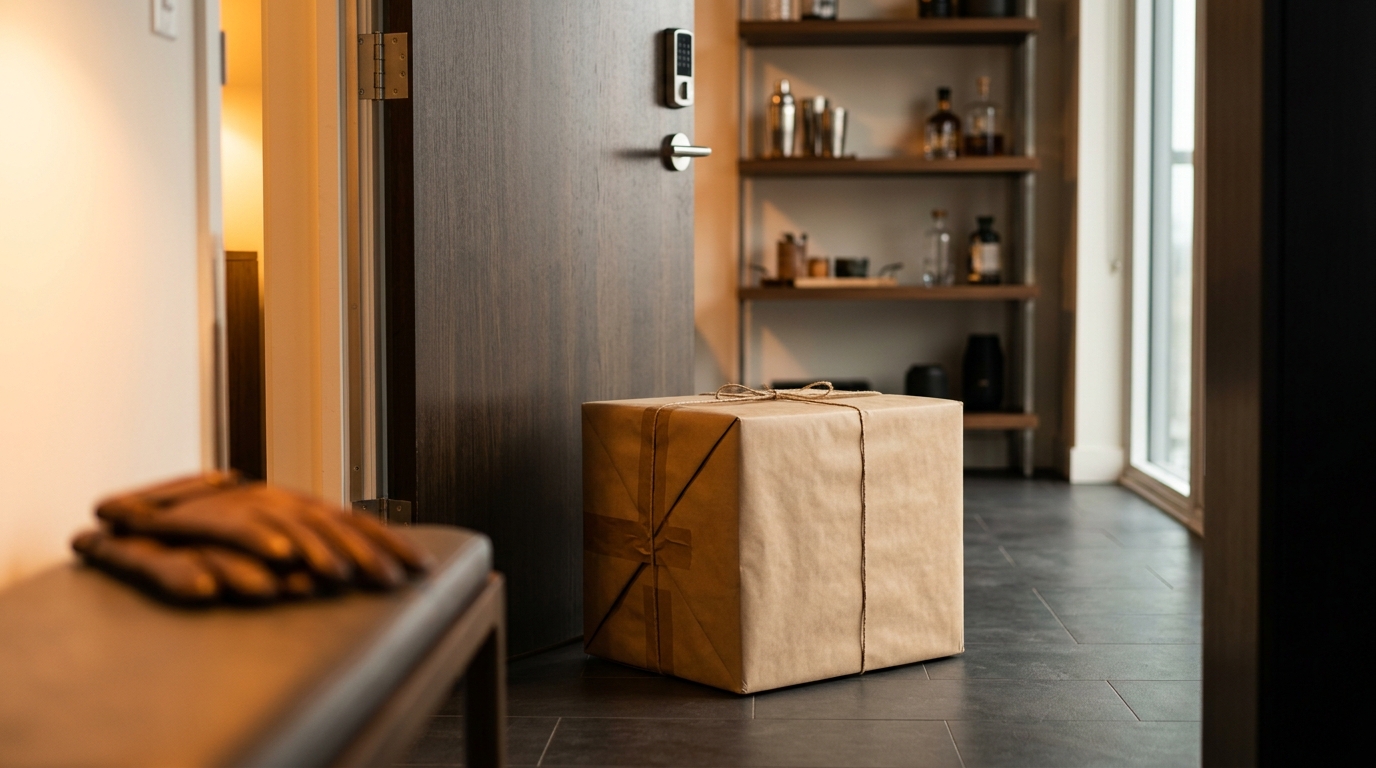 Wrapped bottle delivery box at a johor bahru condo doorway