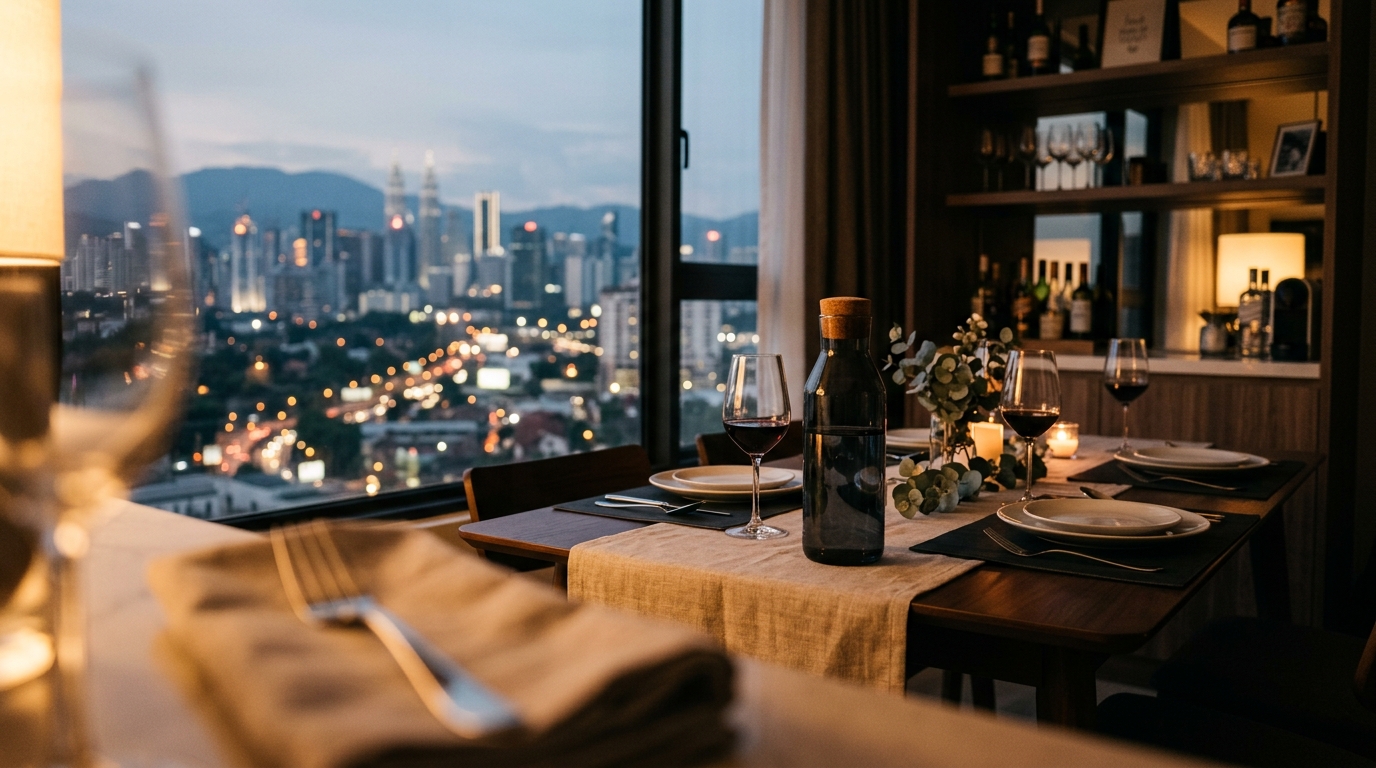 A set dinner table in a klang valley condo at dusk, glasses and a covered bottle, city lights outside