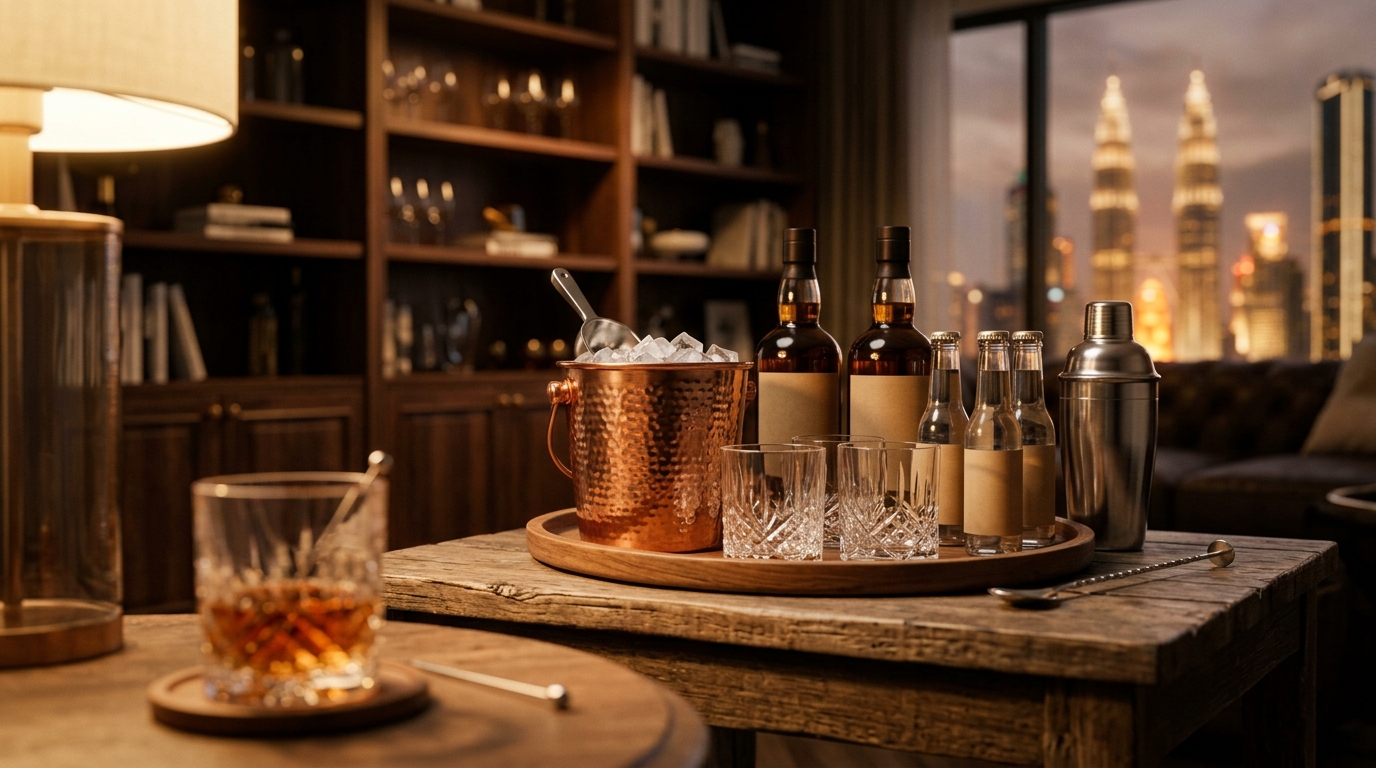 A home hosting station in a klang valley living room, ice bucket, glasses and mixers on a tray