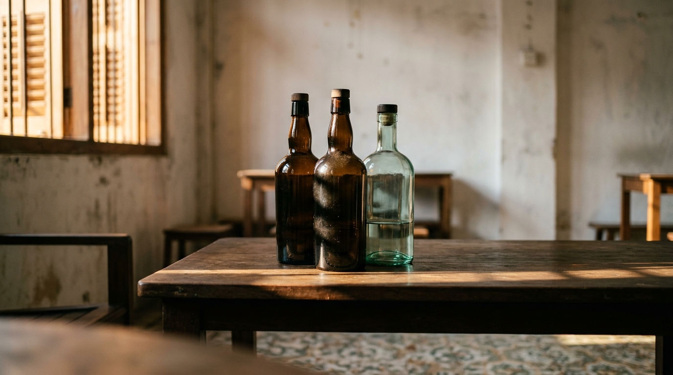 Two whisky bottles and a gin bottle on a side table with ceiling fan shadow in warm window light