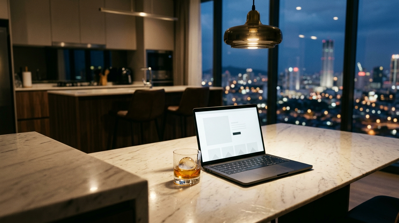 A laptop open on a marble table beside a whisky glass in warm evening light