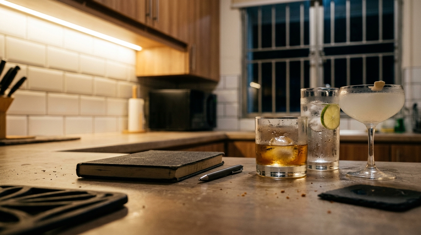 A closed notebook and pen next to three spirit glasses on a kitchen counter